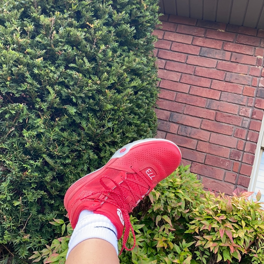 Red and white Addis basketball shoes